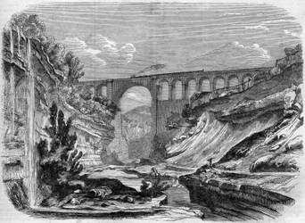 Építészet: kilátás a Valserine viaduktra (Rhone Alpes) a Lyon és Genf között összekötő vasútvonalon. 1858. Metszet a „” Le Monde Illustré”” 1858. március 13-i 48. számában.