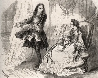 Armande Béjart (1641-1700), Jean-Baptiste Poquelin, azaz Molière (1622-1673) felesége szeretőjével, Guiche grófjával. 1871-es metszet Henry de Kock (1819-1892) „Histoire des Cocus Célèbres” című művében.