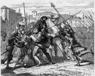 A il Moro néven ismert Ludovico Maria Sforza (1452-1508) letartóztatása Milánóban 1500-ban: svájci zsoldosok árulása következtében a francia hadsereg kezére került. Metszet Paul Lehugeur „Franciaország története száz festményben“ című művében