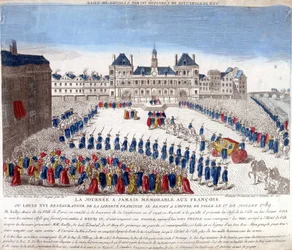 XVI. Lajos megérkezése a párizsi Hôtel de Ville-be 1789. július 17-én - metszet