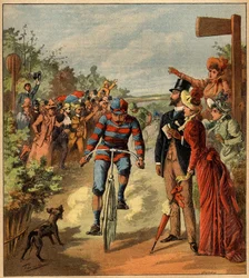 Kerékpárverseny érkezése a francia vidékre. Metszet a „” La Terre Illustree”” 81. számban, 1892. május 19.