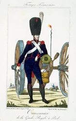 A királyi gárda tüzére ágyúval, a Troupes Francaises-tól, kocsma. Chez Basset, Párizs, 1790 körül
