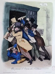 A Kiadó ajtaját ostromló művészek, 1830 körül (színes litó)