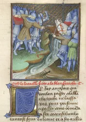 Arundel 67, f.144, Középkori katonák harcoló folyón át a Chroniques d