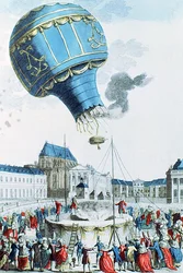 A Montgolfier fivérek hőlégballonjának felemelkedése a királyi család előtt Versailles-ban, 1783-ban