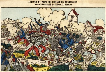 Montebello falu támadása és elfoglalása, Beuret tábornok dicsőséges halála 1859-ben. Epinal képe