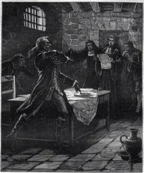 Thomas Arthur márki, Tollendal báró, Lally grófja (1702-1766), ír származású francia tábornok öngyilkossági kísérlete, amikor a párizsi parlament 1766-ban kihirdette halálos ítéletét hazaárulásért. 19. századi metszet.