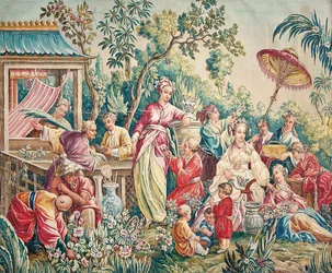 Aubusson rajzfilm figurák falra függesztésére egy keleti kertben