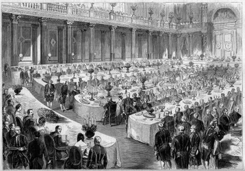 1859. augusztus 14-én III. Napóleon bankett a louvre-i Denon pavilon dísztermében (Párizs) az olasz hadsereg katonái tiszteletére az 1859-es risorgimentói győzelmük után. Metszet a „Le Monde Illustré”-ben” 124/27