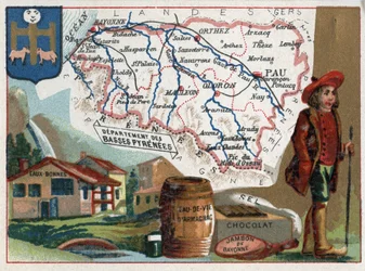 Bázisok Pireneusokban, ma Pyrenees-Atlantiques (Pyrenees Atlantiques, 64), Aquitaine, Franciaország. Az eau-bonnes termálfürdői (jó víz), armagnac pálinka, csokoládé, só és bajonsonka. Sorozat a francia minisztériumokról. Kromolitográfia (Chromo)”