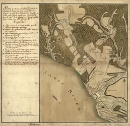 Green Spring-i csata, a James folyó bal partján lévő szárazföld térképe a virginiai Jamestown-nal szemben, ahol a július 6-i csata