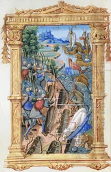 Csatajelenet íjászok és lovasság között, várral és hajókkal, 1495-1500