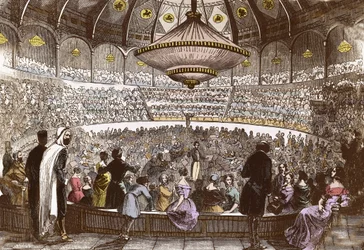 Berlioz 1845. január 19-én vezényli koncertjét a párizsi Cirque Olympique-ban – Hector Berlioz (1803-1869), a párizsi Champs-Élysées olimpiai cirkusz termében.