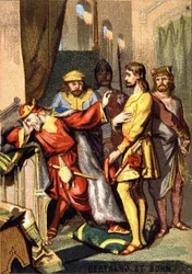Bertran (Bertrand) de Born (1140 - 1215) Perigordin trubadúr, Hautefort ura, az angliai II. Henrik (1133 - 1189) előtt. A „Hazafias nevelés képen keresztül” sorozat kromolitográfiája.