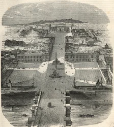 Madárkilátás a Place de la Concorde-ra, a rue Royale-ra és a Madeleine-templomra – Edmond Texier metszete „Tableau-de-Paris”-ban 1852