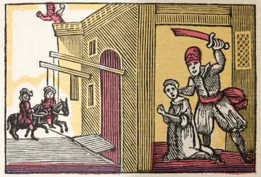 Kékszakáll a Történelmekből vagy a múlt idők meséiből, amelyet Mother Goose, Erkölcsökkel, M Perrault, pub. 1925 (kézzel színezett fatömbnyomat)