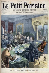 Búr háború. A transzvaali békeszerződés aláírása a búr főnökök és Horatio Herbert Kitchener brit tábornok (1850-1916) között Pretoriában, Dél-Afrikában. Metszet a „Le Petit Parisien”-ben