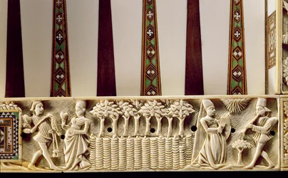 Egy backgammon tábla szegélye, amely egy szerelmespárt ábrázol, 1415