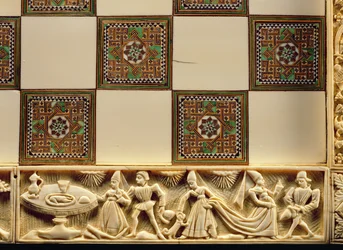 Udvari életet ábrázoló sakktábla szegélye, 1415