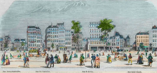 Boulevard Beaumarchais déli oldala - rue Neuve-Saint-Gilles - rue des Tournelles - rue de Harlay - rue Saint-Claude - Edmond Texier 1852-es metszete „Tableau-de-Paris”-ban