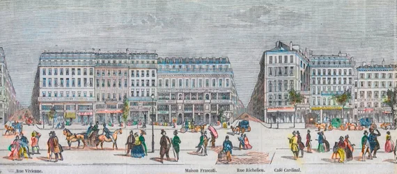 A Boulevard Montmartre a déli oldalon és a Boulevard des Italiens a déli oldalon - Rue Vivienne - Maison Frascati - Rue Richelieu - Cafe Cardinal - Edmond Texier 1852-es metszete a „Tableau-de-Paris”-ban