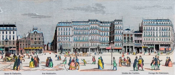 Boulevard Poissonniere és Boulevard Montmartre - ipari bazár - Rue Montmartre - Theater des Varietes és passage des Panoramas - Metszet a „Tableau-de-Paris”-ban Edmond Texier 1852-ben
