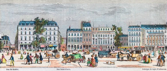 Boulevard Poissonniere déli oldala - Rue du Sentier - Rue Saint Fiacre - Edmond Texier 1852-es metszete „Tableau-de-Paris”-ban