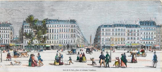 Boulevard des Capucines (déli part) - Rue de la Paix, hely és Vendome oszlop - Edmond Texier 1852-es metszete „Tableau-de-Paris”-ban