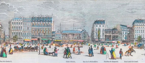 Boulevard des Italians déli oldala és Boulevard des Capucines déli oldala - rue de Choiseul - kínai fürdők - rue de la Michodiere - Pavillon de Hanover - rue Louis-le-Grand - Edmond Texier 1852-es metszete „Tableau-de-Paris”-ban