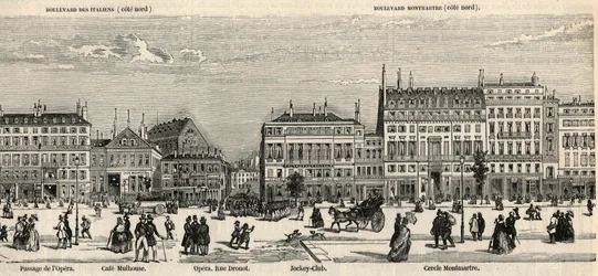 Boulevard des Italiens és Boulevard Montmartre - Cafe Mulhouse - Cercle Montmartre - Jockey klub - Edmond Texier 1852-es gravírozása „Tableau-de-Paris”-ban -