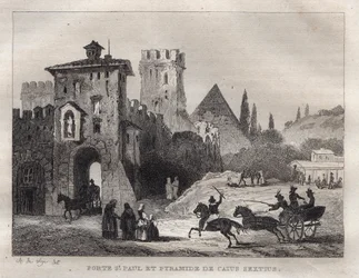 Caius Cestus piramis és Szent Pál kapuja Rómában Porte Saint Paul és Caius Sextus piramis a Rómában - Metszet a „festői Olaszországból” – Olaszország történelmi és leíró festménye””, M. de Norvins, Ch. Nodier 1834-1836.