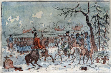 Poroszország és Lengyelország hadjárata (1806-1807): I. Napóleon (1769-1821) az eilaui csatatéren 1807.02.08-án megparancsolta Muratnak, hogy taszítsa vissza az orosz lovasságot. századi metszet.