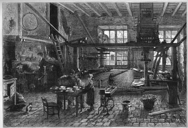 Canut műhely. Egy lyoni selyemszövő műhely belseje a 19. század végi válság idején. Metszet a „” Le Monde Illustré”” 1039. számában, 1877. március 10.