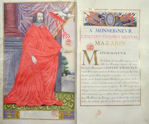 Mazarin bíboros, illusztráció és dedikáció a Századunk jeles embereinek panegyricáiból, Puget de la Serre, 1655