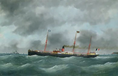 Teherszállító gőzhajó, amely a Le Havre-félszigeti társaság lobogója alatt repül
