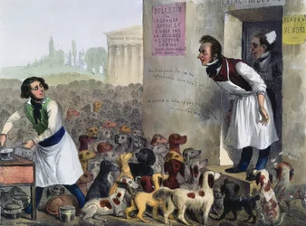 Veszettséggel fertőzött kutyákkal foglalkozó párizsiak karikatúrája, kb. 1840