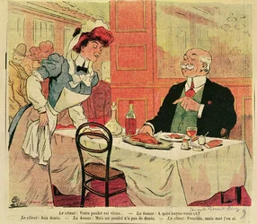 Vevő és pincérnő karikatúrája egy étteremben, 1905 körül