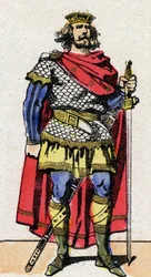 Karoling-dinasztia: Rövid Pepin (715-768) portréja, a frankok királya 751-től 768-ig. Epinális képalkotás a 19. század végéről. Magángyűjtemény.