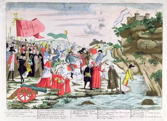 Rajzfilm a forradalom idején Németországban menedéket kereső francia papságot és arisztokratákat gúnyolódva, 1792 körül
