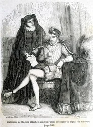 Medici Katalin (Caterina de Medici) elszakítja fiától (IX. Károly) a parancsot, hogy adjon jelet Saint Barthelemy 1572-es lemészárlására – L.-P. „Histoire de France” című művében. Anquetil