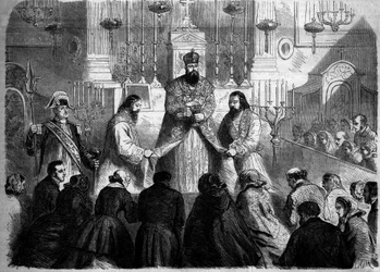 Katolikus szertartás – szentmise – 1860. január 26.: örmény szertartás szerinti misecelebre a mechitaristák elöljárója által a párizsi Notre Dame des Victoires templomban. Metszet a „” Le Monde Illustré”” 147. számában, 1860. február 4.