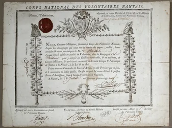 Felvételi oklevél a nantes-i önkéntesek nemzeti gárdájába, 1789