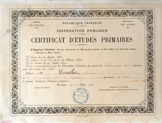 Alapfokú oktatási bizonyítvány, Academie de Lille, 1898 (tintával papíron)