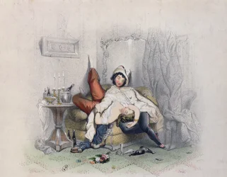 Champagne & Love, egy szerelmes pár, aki elaludt a hatodik üveg pezsgő után, metszett Bettannier Freres, Párizs, 1852