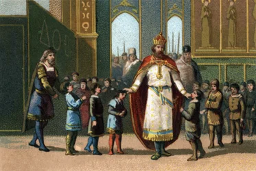 Nagy Károly francia király 768-tól 814-ig az iskola alapítója felügyeli az osztályokat. Kromolitográfia 1890 körül.