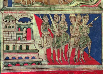 Nagy Károly elhagyja Aachent, hogy Santiago de Compostelába utazzon, a „Codice Calixtus” miniatűrje, fol. 162v., c.1150 (vellum)