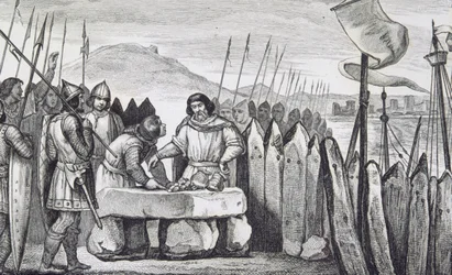 III. Kövér Károly (839-88) lefizeti a viking hódítókat 886-ban Colart "Histoire de France" című művéből, amely 1840 körül jelent meg (metszet)