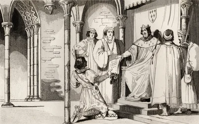 IV. Károly (1294-1328) a Jóképű beadványt kap az udvaron, Colart "Histoire de France"-jából, 1840 körül megjelent (metszet)