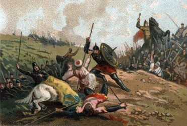 Martell Károly megállította az inváziót, és megölte a hadsereg vezetőjét, I. Abd al-Rahmant, más néven I. Abderamane-t (Abd al-Rahman) (731-788), a szaracénok vezérét. Kromolitográfia 1890 körül.