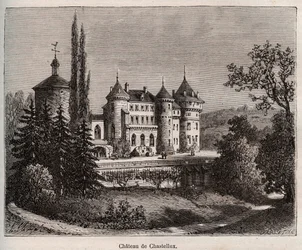 Chateau de Chastellux - Chastellux sur cure, Burgundia - metszet a „La France illustree: földrajz, történelem, statisztikai közigazgatás” könyvében V.-A. Maláta-barna. 1884